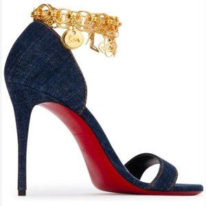 Christian Louboutin Women's Gourmi 100mm Denim Sandal with Gold Anklet size 40
